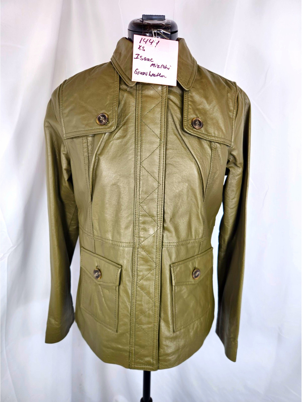 Isaac Mizrahi Live! Women's XS Genuine Olive Green Leather Zip-Front Utility Jac
